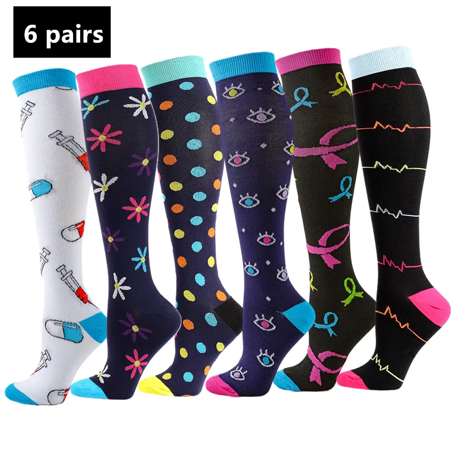 6pairs Quick Dry Printed Compression Socks Moisture Wicking Socks For Hiking Running Skateboard Yoga Workout