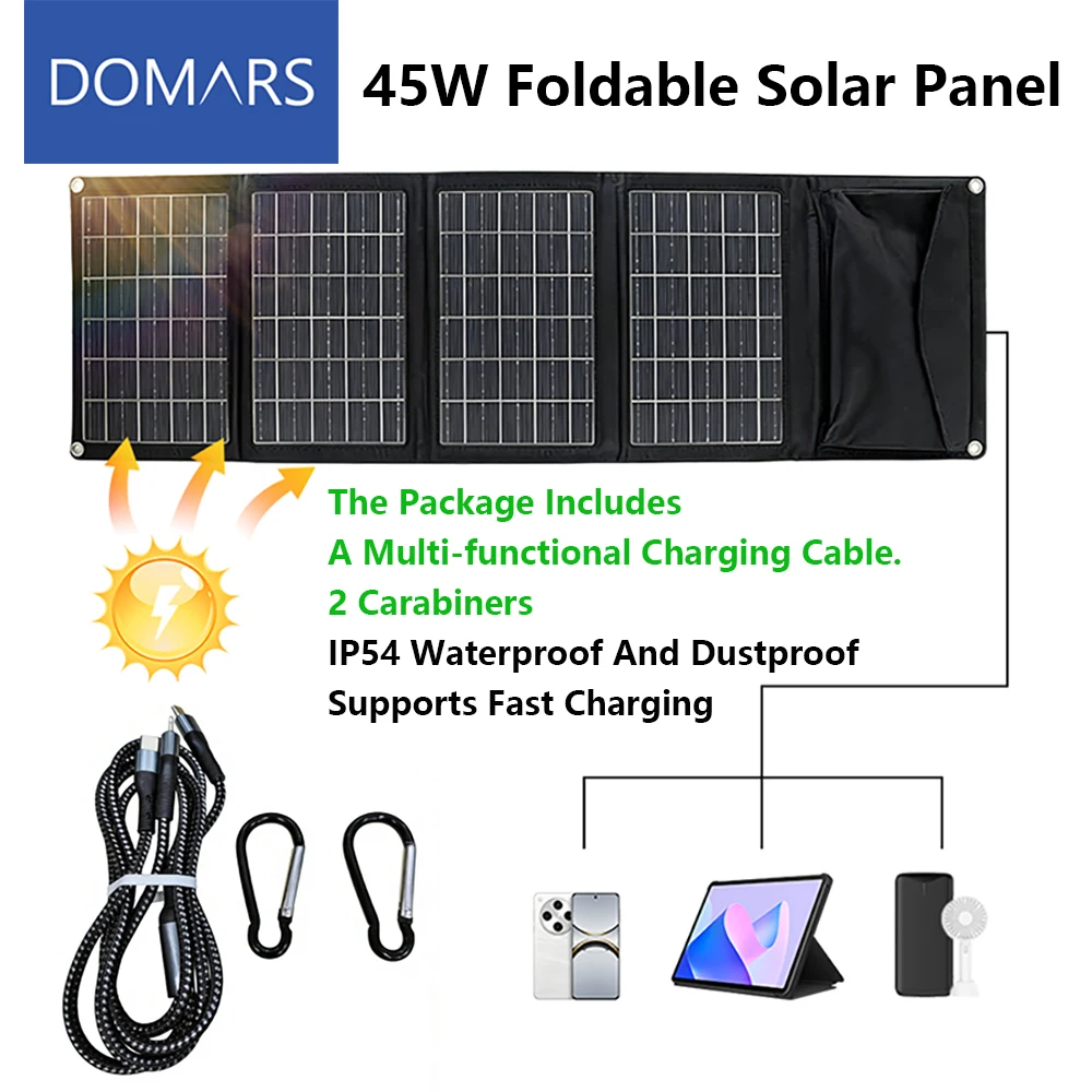 

Портативная складная солнечная панель Domars 45W с USB и Type-C для зарядки телефонов, для кемпинга и походов