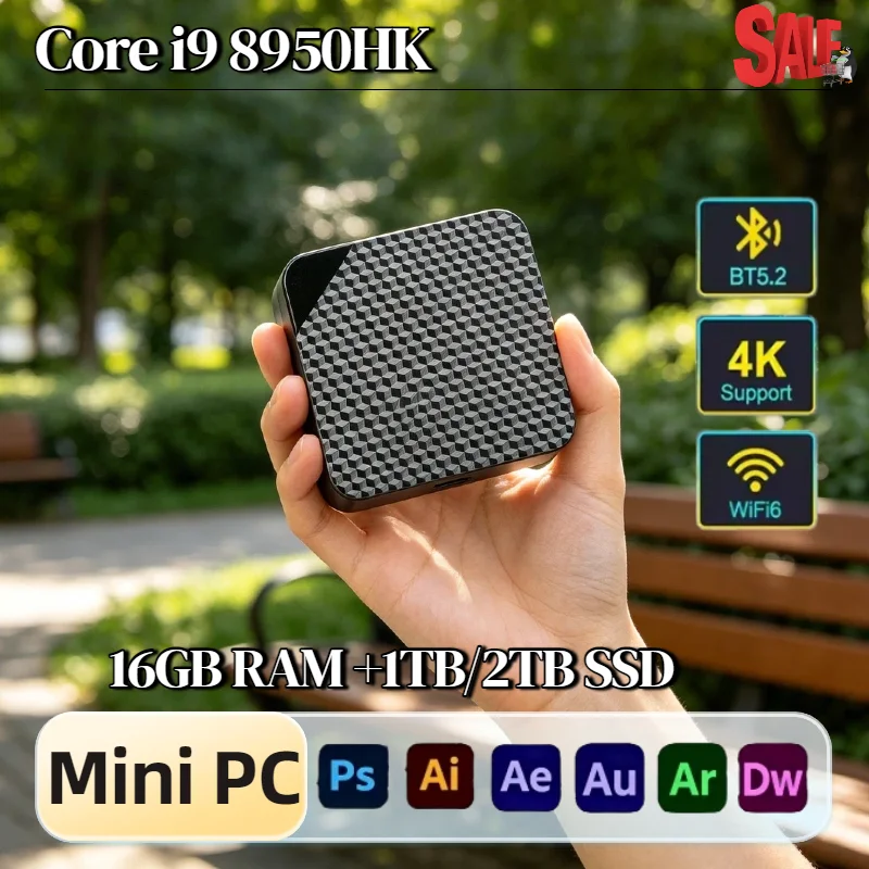 코어 i9 8950HK 휴대용 미니 데스크탑 16GB DDR4 M.2 NVMe SSD 트리플 4K 디스플레이 WiFi6 BT5.2 저소음 쿨링 프로 맥스 유닛