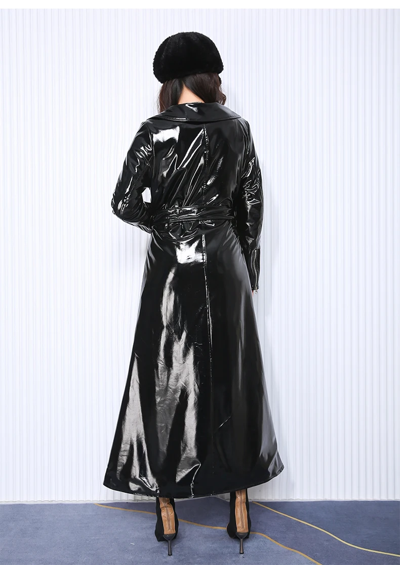 Nerazzurri Autumn Long Fitted Reflective Shiny Soft Stretchy Black Patent Faux Leather Biker Coat Women Zipper European Fashion