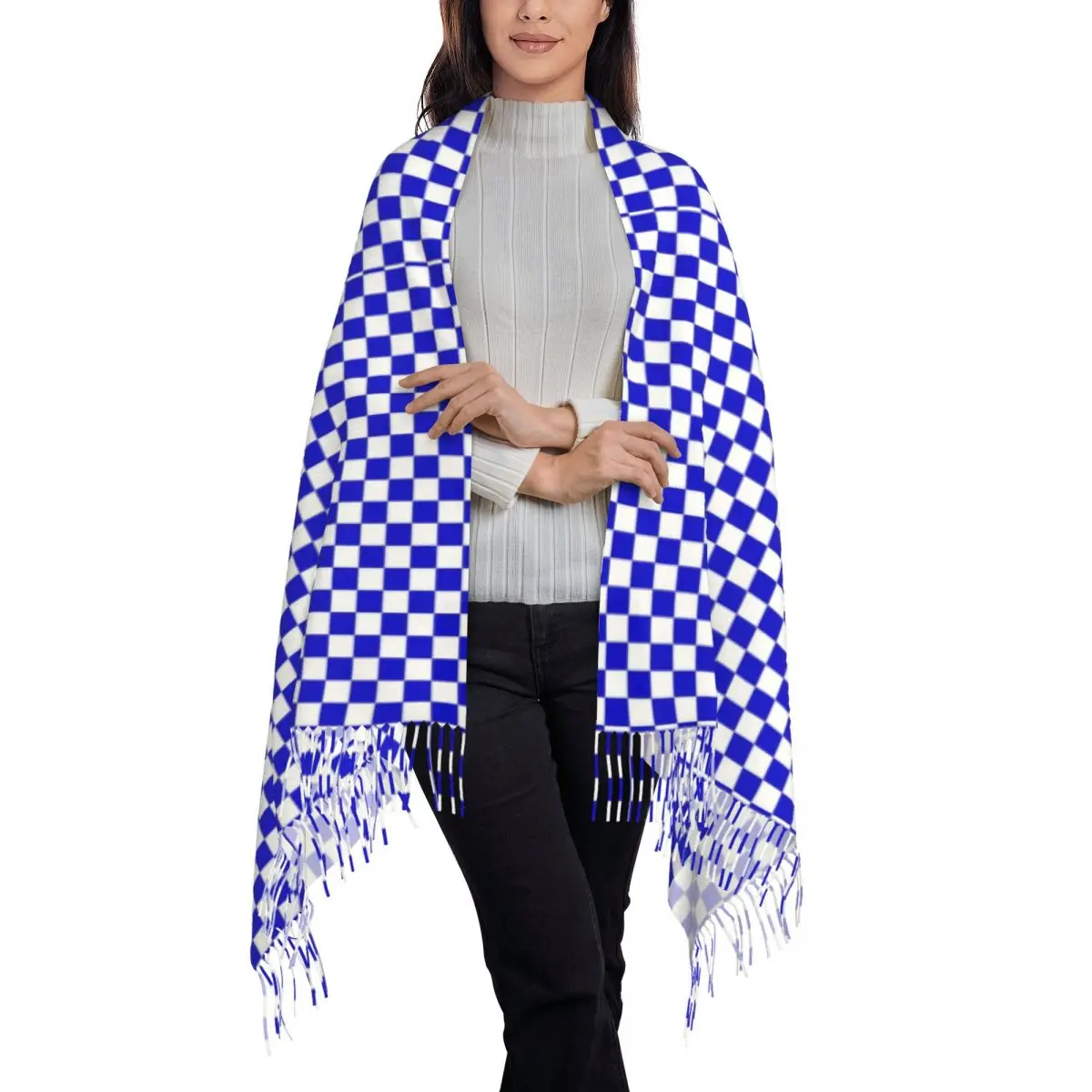 Checkerboard Pattern Scarf Women Blue and White Checker Head Scarves with Long Tassel Winter Casual Shawl Wrap Outdoor Foulard