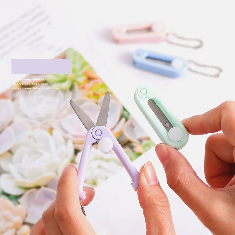 Mini Fold Scissors for Student Girl Ins Simplicity Solid Color Stationery Scissors Key Ring Small Paper Cutter School Supplies