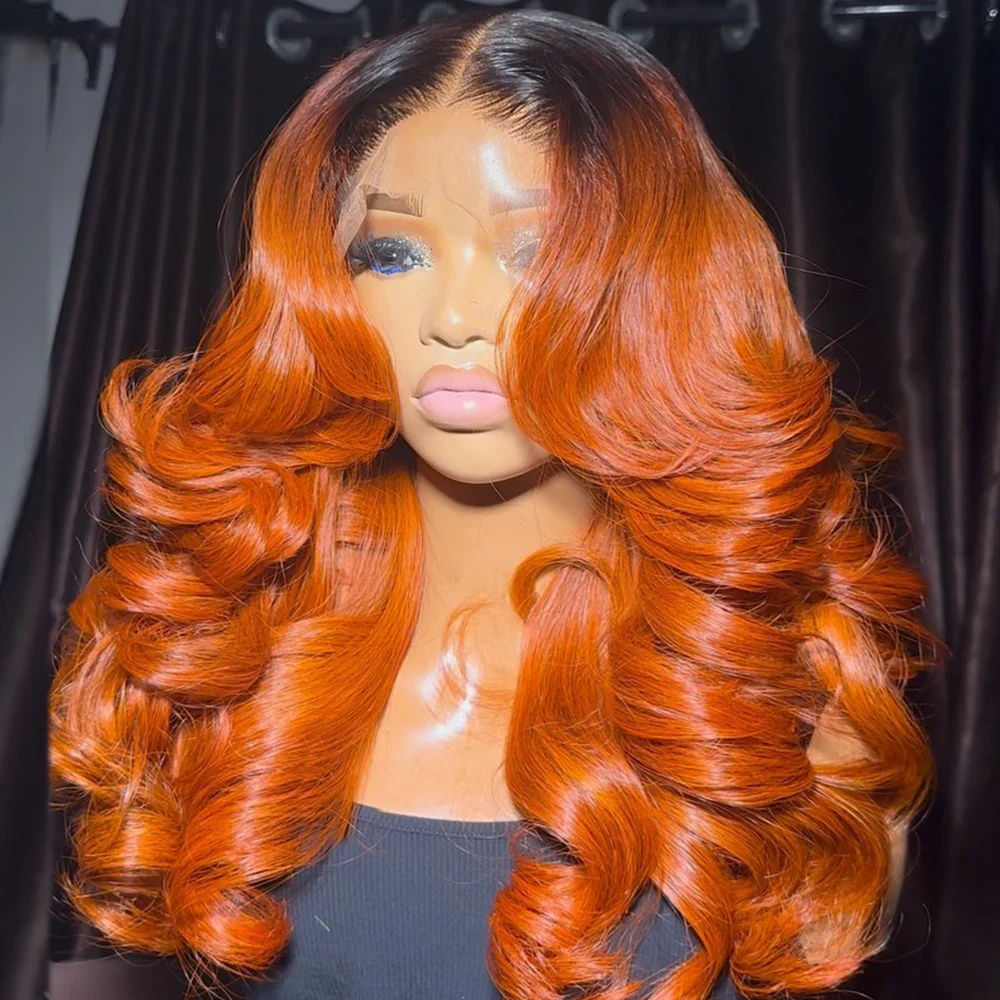 

350/450 Density Ginger Orange Ombre 13x6 HD Lace Front Wig Bouncy Curly Human Hair 30 Inch Colored Glueless Curly Wig Preplucked