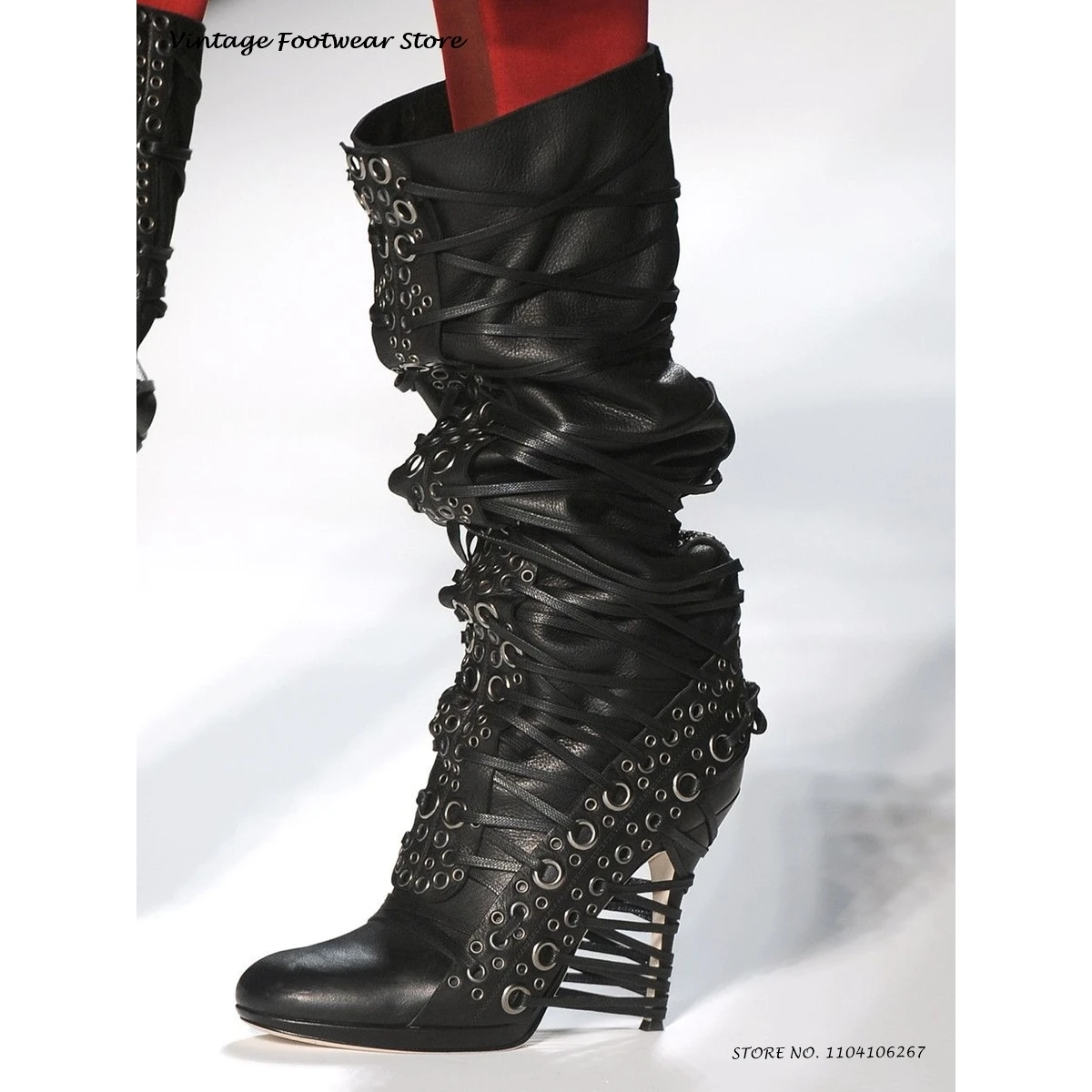 Ojales Botas hasta la rodilla con cordones Punta redonda Tacones altos finos Zapatos estilo callejero Botas altas negras con cordones vintage para primavera y otoño