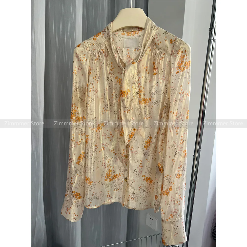 

New early autumn French collar tie floral print loose long-sleeved shirt female