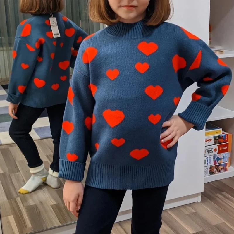 2024 Winter Autumn Spring Casual 3 4 6 8 10 12 Years Warm Pullover Knitted Wear Tops Heart Sweaters For Kids Baby Girls Clothes