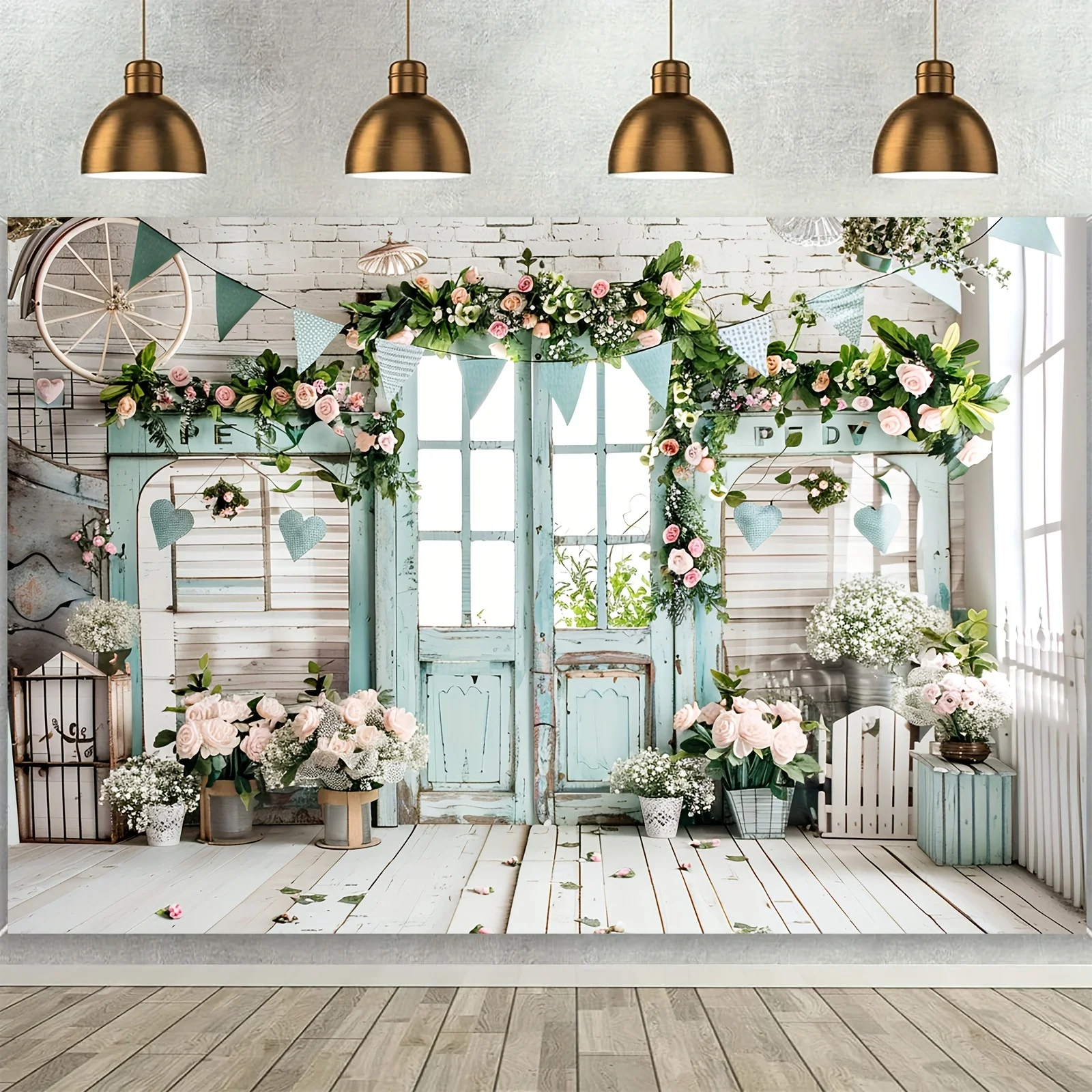 1 Vintage-Fotohintergrund mit weißen Holztüren mit Blumendekor, Bannern aus Polyester, Party- und Heimdekorartikeln