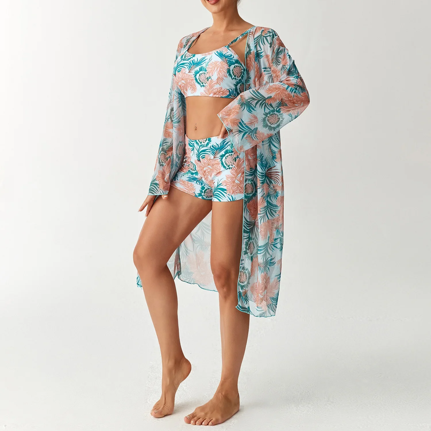 Bloemen hoog getailleerde bikini set cover-up badpak dames lange mouw drie stukken badmode strandkleding vrouwelijke badpakken shorts