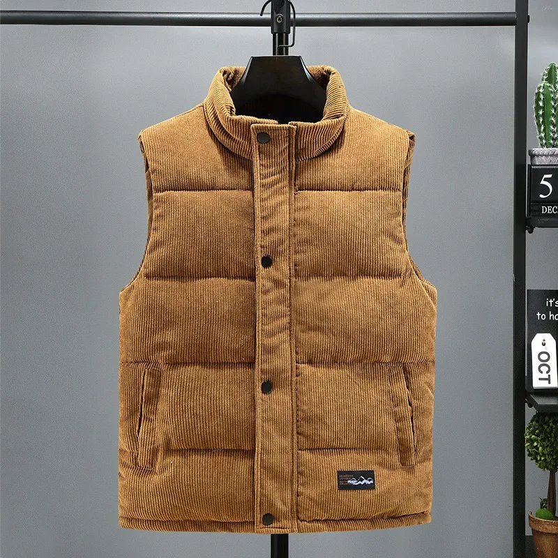 Mens Autumn Winter Corduroy Down Cotton Vest Mens Casual Slim Stand Collar Waistcoat Outdoor Thicken Warm Sleeveless Jackets 5XL