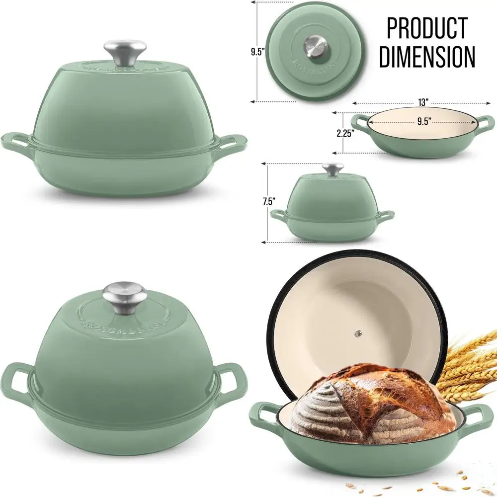 

Эмалированная чугунная печь для хлеба на закваске - антипригарная, круглая, 6QT с герметичной крышкой для идеальной выпечки и приготовления хлеба - Sage Green