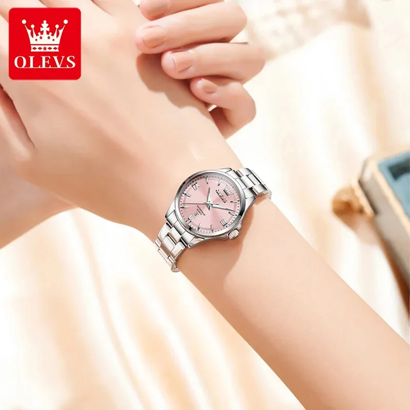OLEVS 3668 ساعة نسائية فاخرة أصلية مقاوم للماء ساعة كوارتز من الفولاذ المقاوم للصدأ تاريخ تلقائي روماني ساعة نسائية Reloj Para Mujer