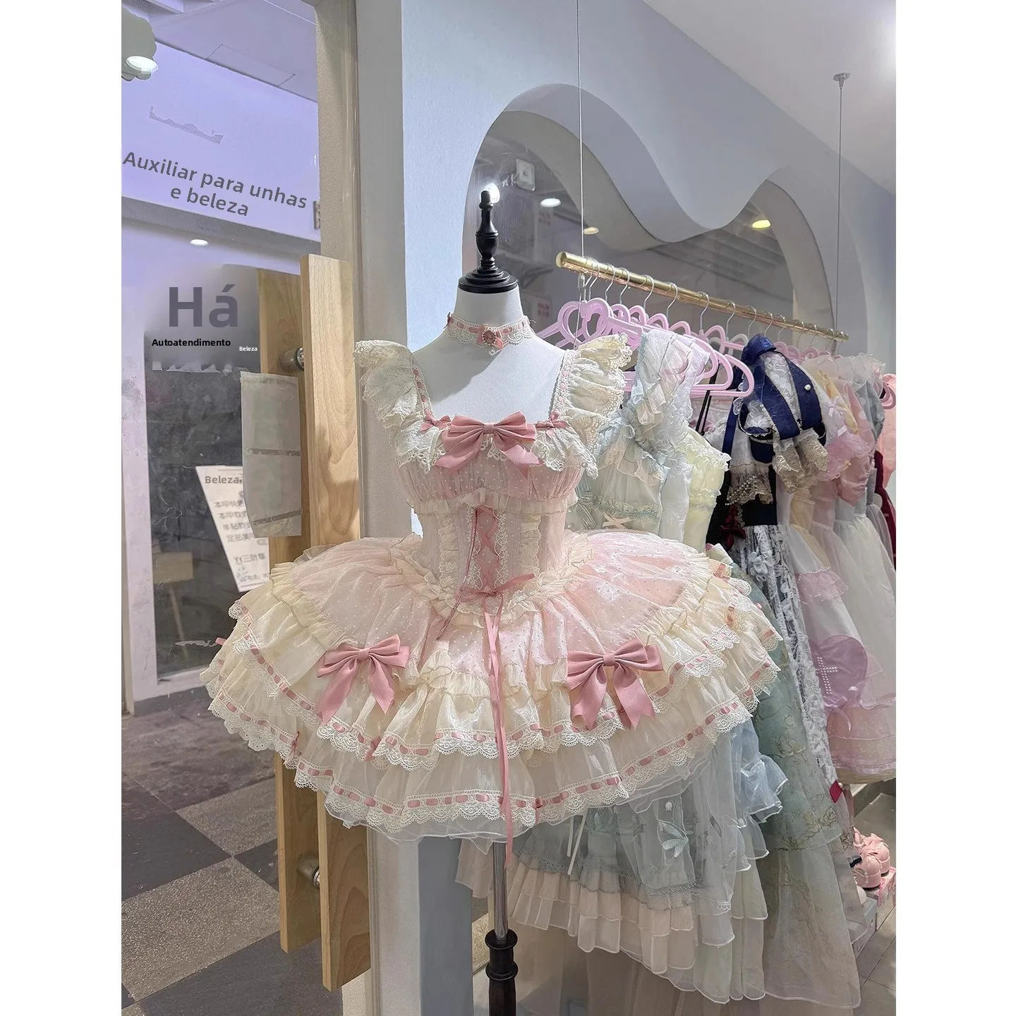 lindo-vestido-estilo-lolita-rosa-vestido-de-princesa-con-cintura-alta-mangas-cortas-cuello-cuad-color-puro