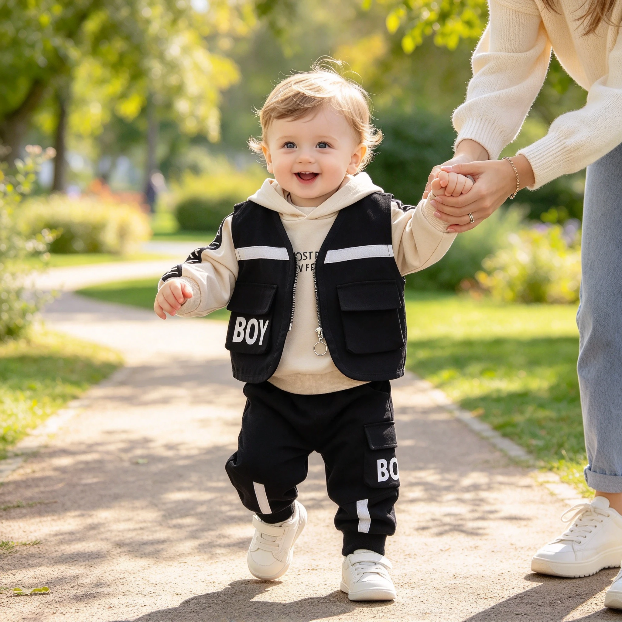 Boys 3Pcs Letter Print Tracksuit Zip Up Cargo Vest Fake Two Piece Hooded Sweatshirt Side Stripe Elastic Cuff Jogger Pants Set