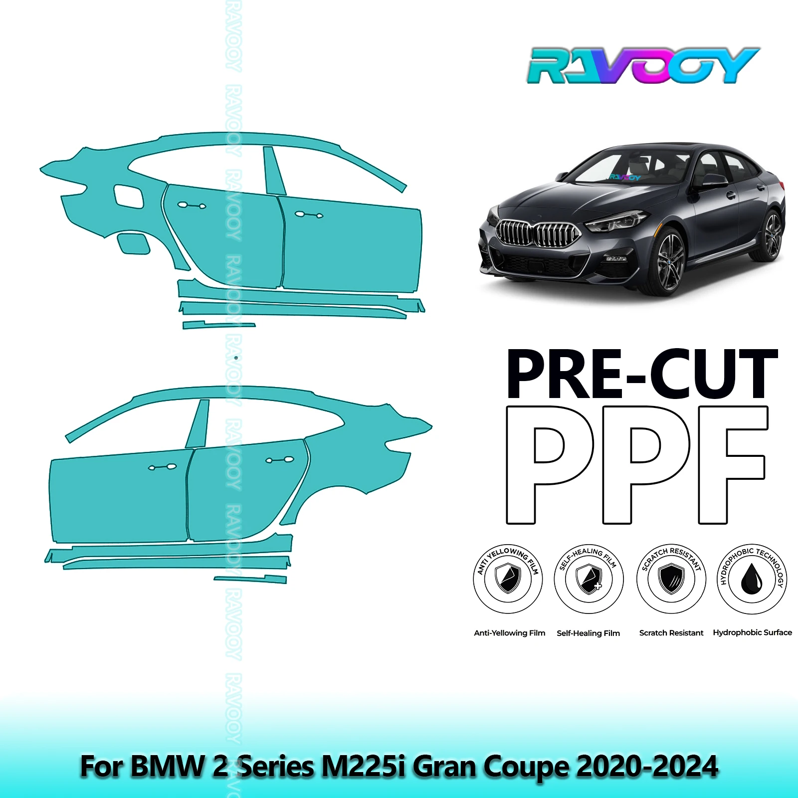

For BMW 2 Series M225i Gran Coupe 2020-2024 8.5mil Clear Matte Pre-Cut PPF Door & A/B Pillar Kit TPU Paint Protection Film Set