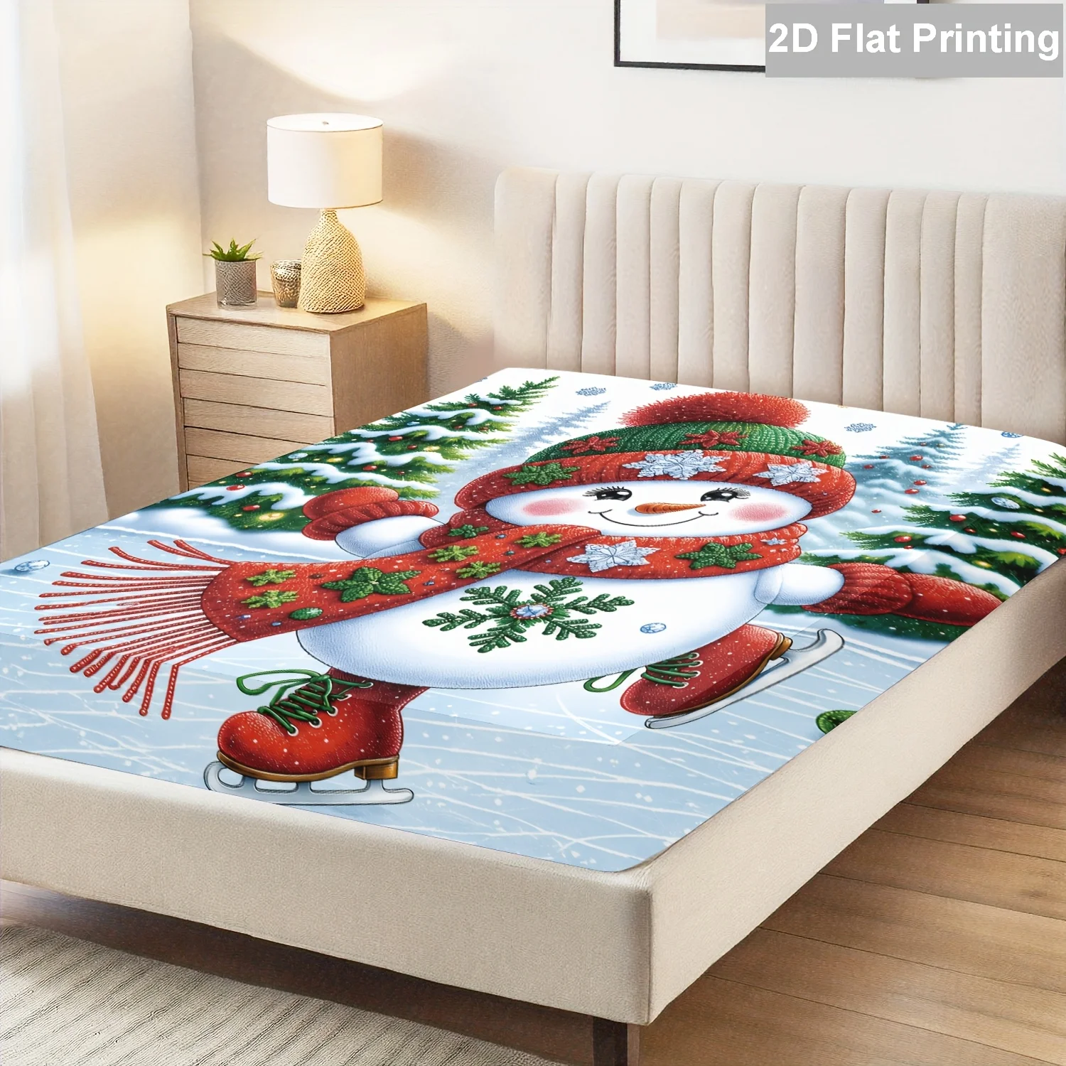 Christmas Snowman Single-Piece Holiday Fitted Sheet, with Elastic Bands at the Corners, Winter-Themed Bedding (Includes 1 Fitted Sheet + 2 Pillowcases) 3-Piece Set, Large Deep-Pocket 2D Printed Fitted Sheet and 2 Pillowcases, Mattress Protector, Fitted Elastic Style, Protective Cover, Mattress Protector, Suitable for All Seasons, Machine Washable Design, Holiday Decoration, Various Sizes, Breathable Protective Cover Plus Pillowcase