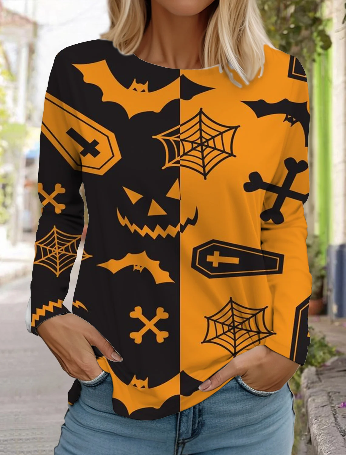 Halloween damska koszulka z długim rękawem śliczna głowa dyni 3D wzór T Shirt moda jesienna 2024 top damski pulower w stylu Harajuku odzież