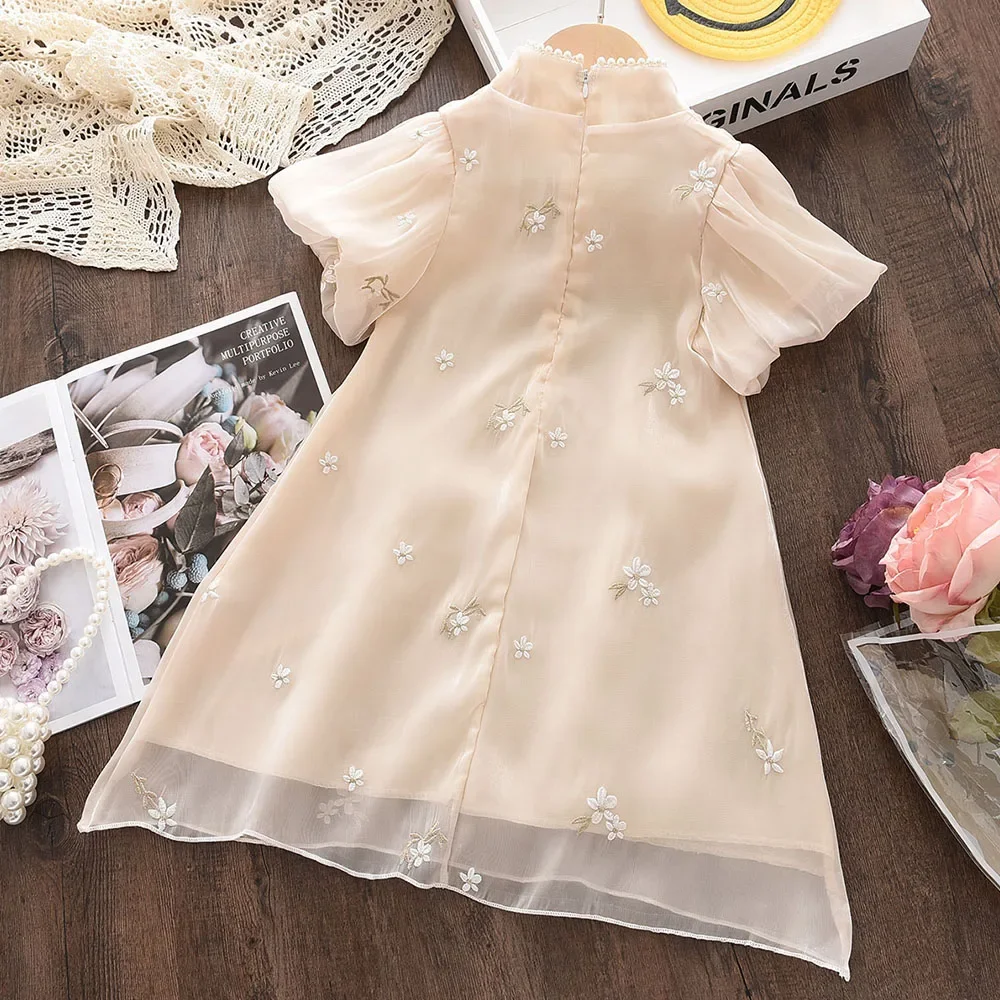 Summer Fashion 2-7Years Girl Cheongsam Embroidered Pearl Bubble Sleeves Princess Dress Casual Mesh Kids Clothes