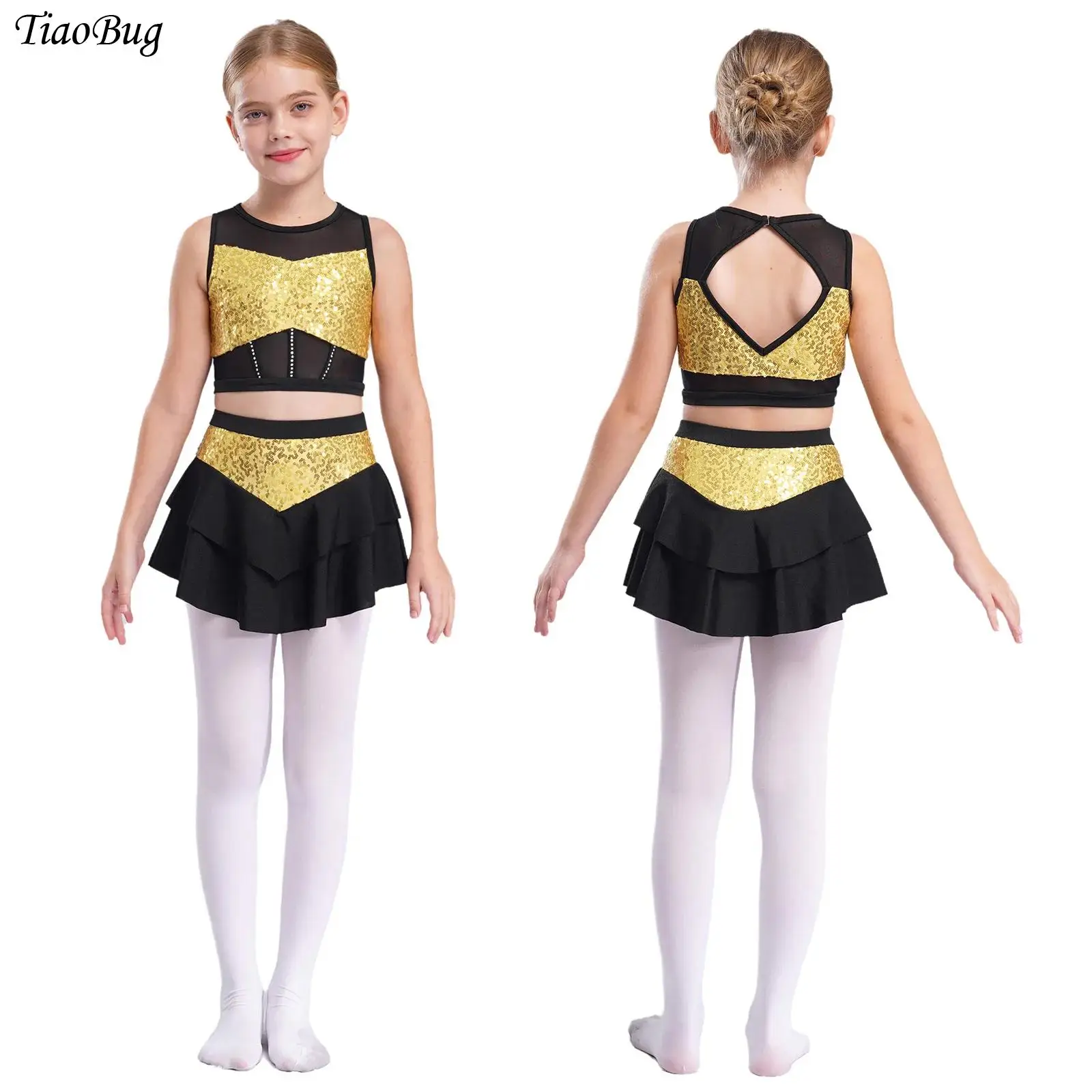 

Kids Girls Jazz Dance Outfit Sleeveless Sheer Mesh Patchwork Shiny Sequins Crop Top with Tiered Skirt Cheerleading Dance Costume