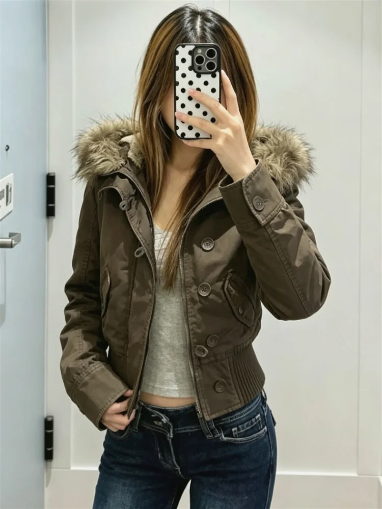 Women Winter Thick Warm Hooded Parka Outercoat Faux Fur Cotton‑padded Windproof Casual Outdoor Dating Street Daily Tops Fashion