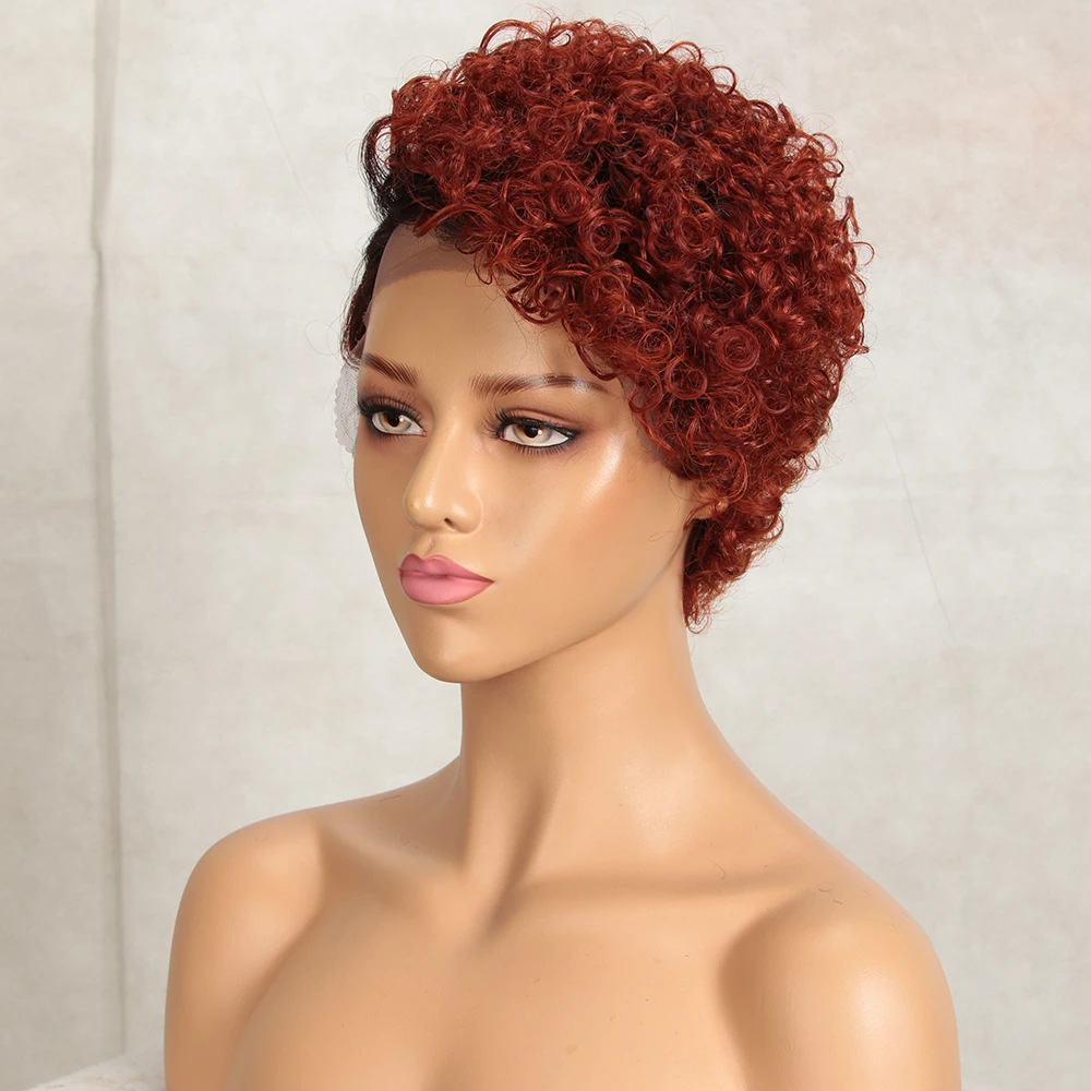 Orange Red Color  Bob Human Hair Wig Elegant Boss Vibe Short Pixie Cut Ombre Brown  Minimalist  Lace Wig T part lace wig