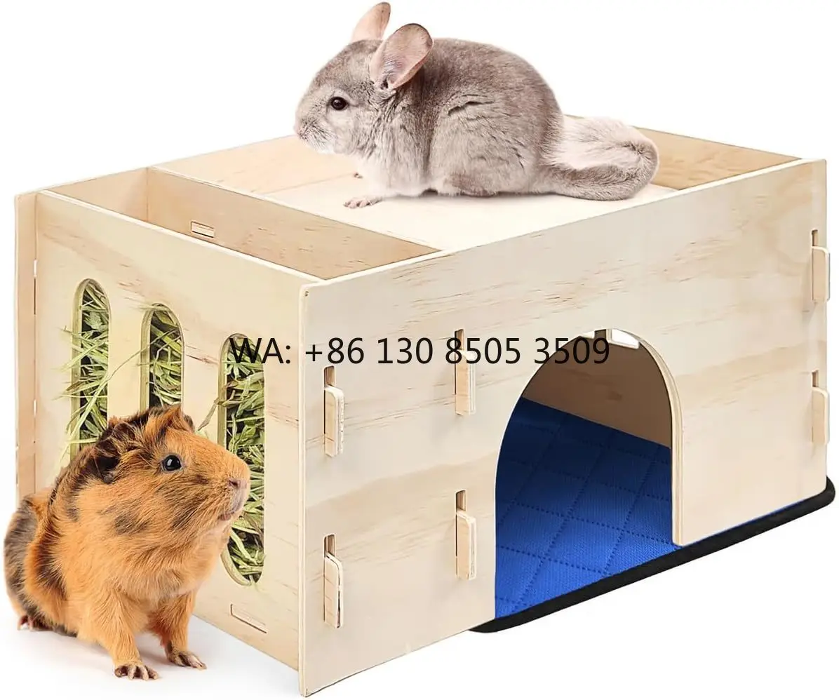 

Pet Houses Wooden Guinea Pig Hideout with Hay Feeder Absorbent Mat Multiple Window Hut Castle for Chinchilla Dwarf Rabbit