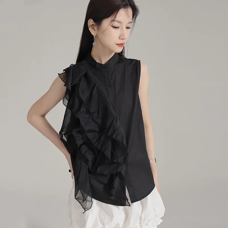 

Ruffle edge patchwork sleeveless standing collar shirt for women's summer 2024 new unique niche top