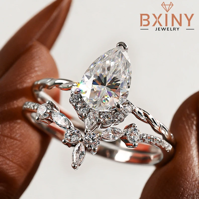 

Кольцо BXINY 1.5CT с грушевидным муассанитом, набор из серебра 925 пробы, винтажное, с бриллиантовой огранкой в форме капли, с витой лентой, для женщин, ювелирное украшение, подарок, GRA
