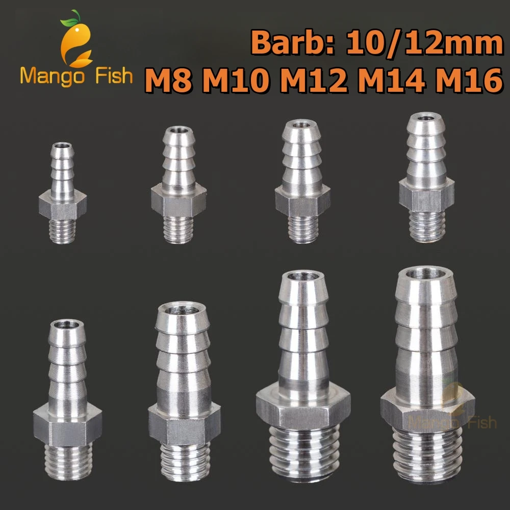 

304 Stainless Steel Pagoda Connector 10 12mm Hose Barb Connector Hose Tail Thread M8 M12*1.5 M10*1.0 PC Male Brass Pipe Fittings