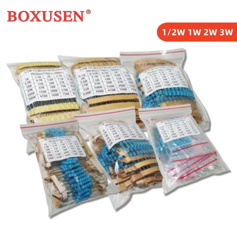 

300 шт., 150 шт., 30 значений, каждый, 5/10 шт., 1 ~ 750, 1 к ~ 820 кОм, 1/2 Вт, 1 Вт, 2 Вт, 3 Вт, сопротивление, 1% набор металлопленочных резисторов