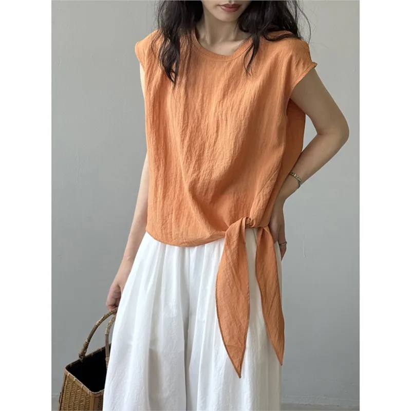 

Johnature Simple Summer New Top Round Neck Waist Tie Sleeveless Women Casual Thin Bandage Solid Color Loose Tank Shirts