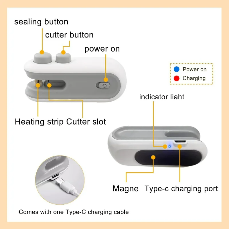 Mini Bag Sealer,2 in 1 Usb Rechargeable Chip Bag Sealer Heat Seal,Snack Bag Sealer,Upgrade Portable Handheld Rechargeable Vacuum