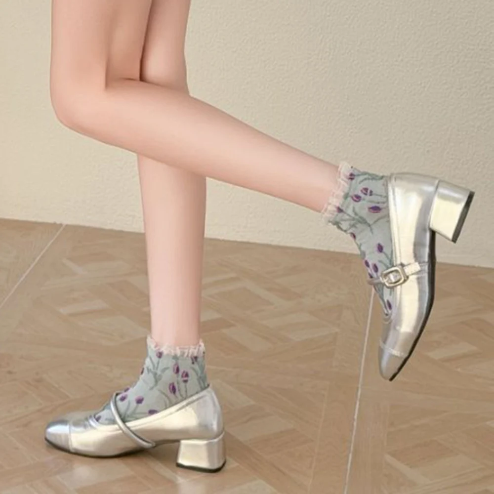 2 Pair Spring Summer New Women's Socks Sweet Cute 3D Flower Print Fashion Lace Edge Thin Short Socks Woman