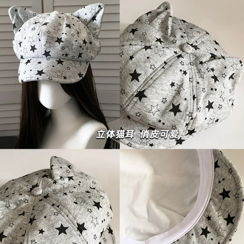Frühlings- und Herbst-Sternen-Jacquard-Katzenohren-Achteckige Newsboy-Mütze für Damen, Koreanische Süße und Niedliche Baskenmütze, Weiche Krempe, Malermütze für Große Köpfe – Detail 7