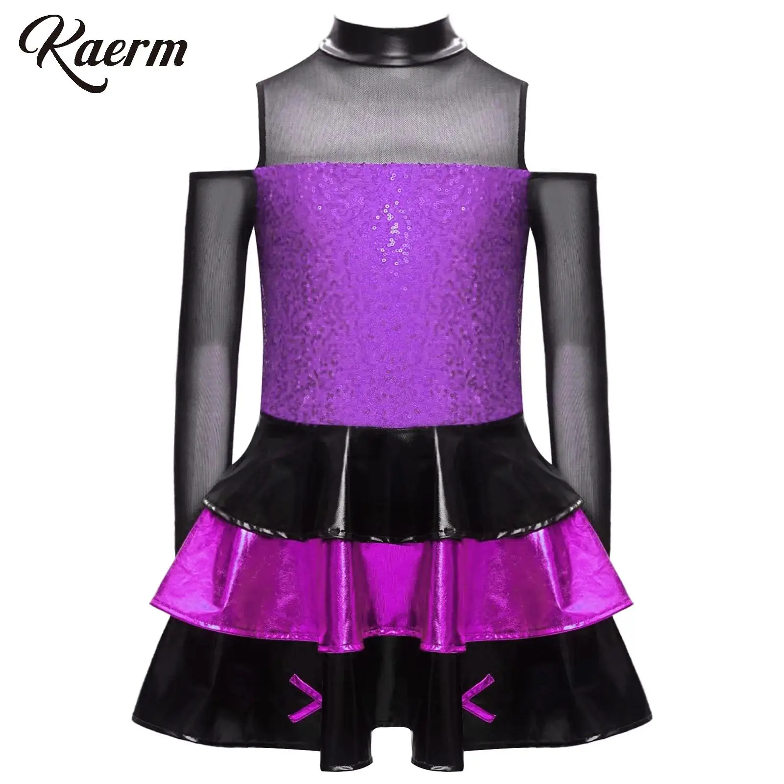 어린이 소녀용 스팽글 티어드 러플 레오타드 드레스 재즈 댄스 공연 의상 우아한 긴 소매 디자인 댄스 대회용