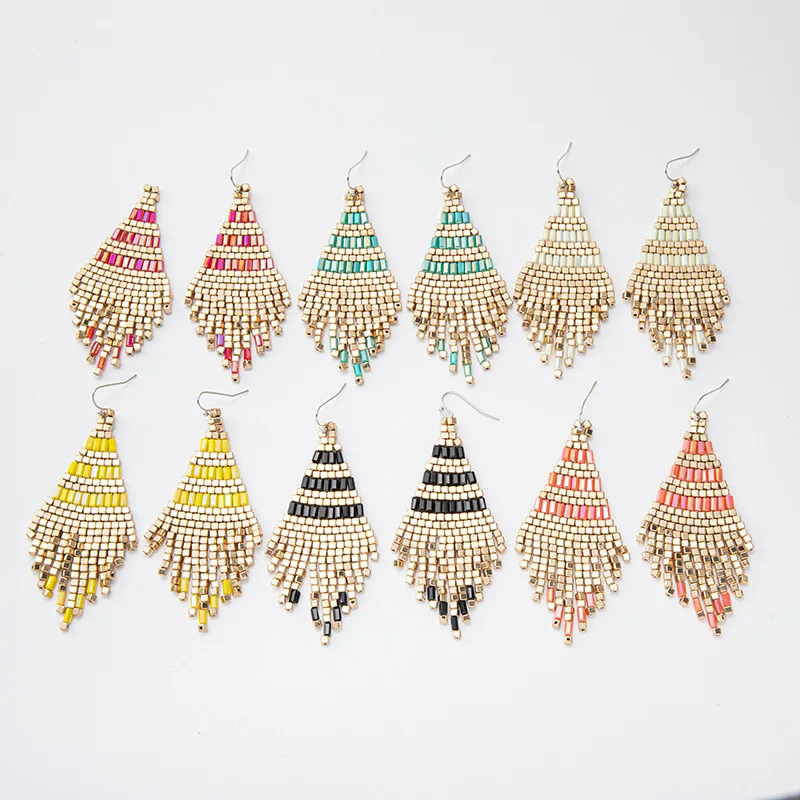 

Boho Square Bead Drop Earrings Exotic Geometric Tassel Earrings Short Rhombus Fashion Earring for Women