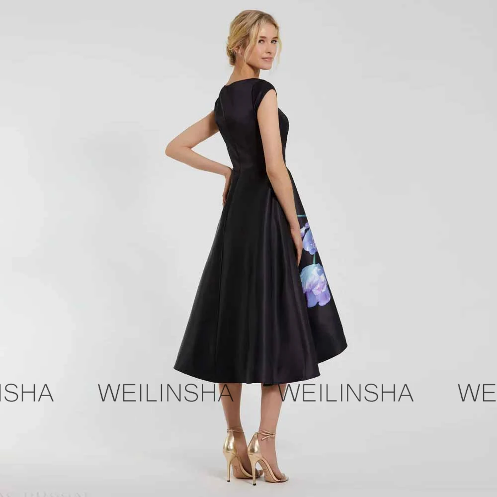 Elegant Wedding Guest Dresses Satin A-line Bridal Dress Black Boat Neck Pattern Zipper Ruched Mother of the Bride Dresses Midi