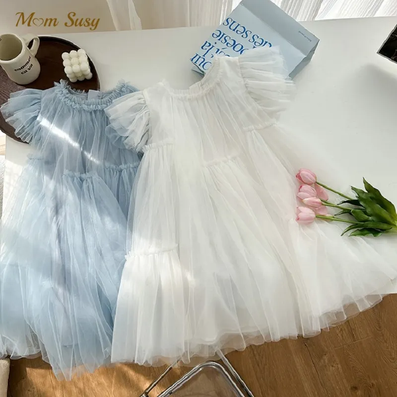 Fashion Baby Girl Princess Tutu Long Dress Fly Sleeve Infant Toddler Mesh Tulle Vestido Party Pageant Birthday Ball Gown 1-12Y