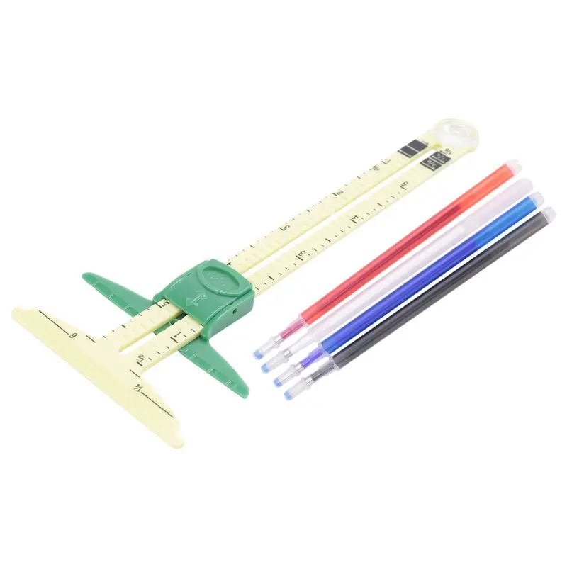 A36T-T-Shaped Sliding Gauge Sewing Measurement, Using 4 Colors Of Fabric Thermal Erasing Pen, 5 In 1 Sewing Ruler Tool