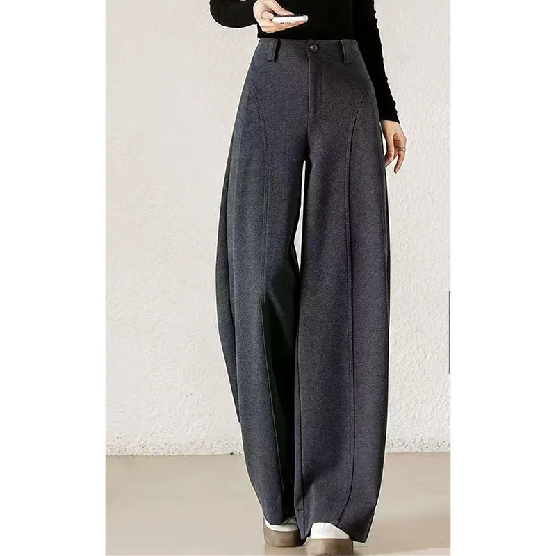 

Весенне-осенние женские широкие шерстяные брюки, женские модные шерстяные брюки с высокой талией, корейские женские повседневные свободные прямые брюки