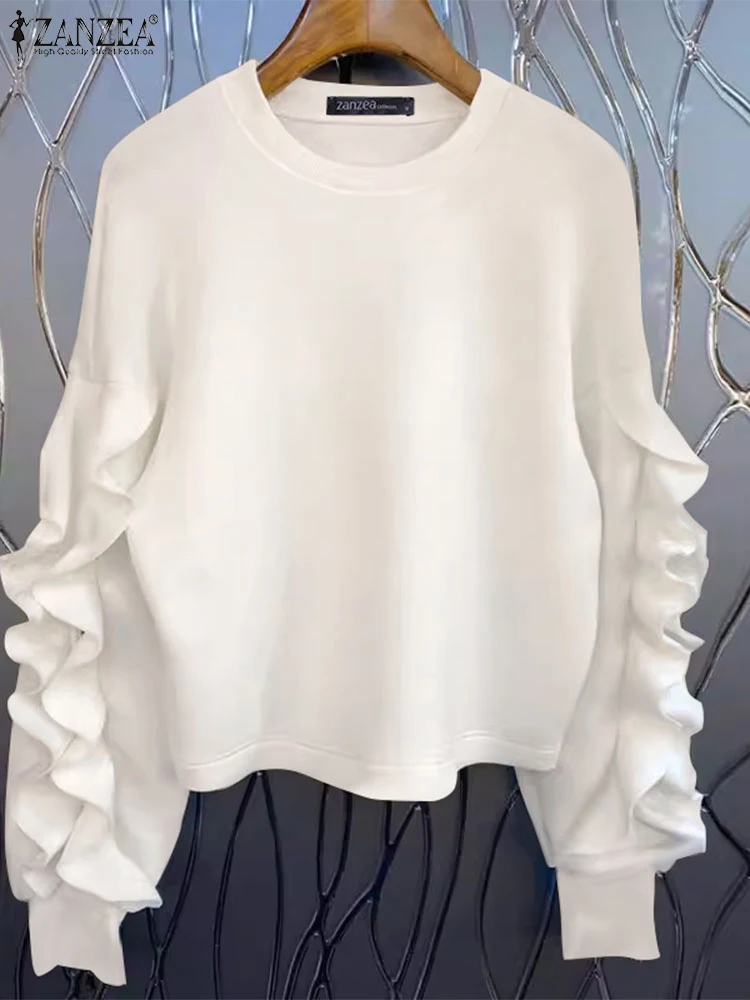 

ZANZEA Women Solid Pullover Holiday Ruffled Stitching Hoodies Fashion Lantern Long Sleeve Sweatshirts Casual Loose O-Neck Jumper