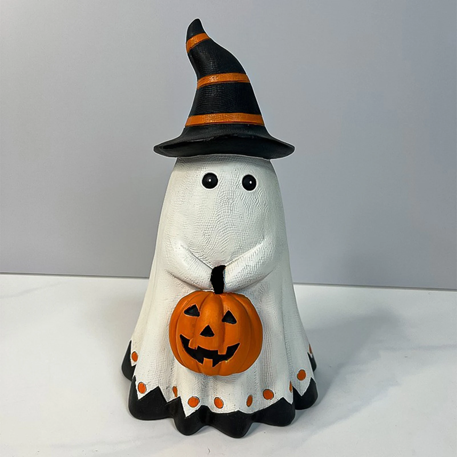 

Cute Resin Ghost Figurine Halloween Spooky Ornament Holding Pumpkin for Home Office Living Room Bar Decor
