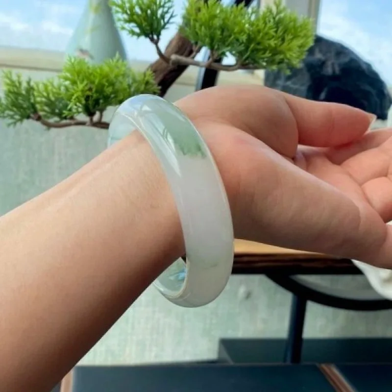Xinjiang Golden Silk Patterned Jade Flat Bar Bangle Tianshan Ice Green Bracelet