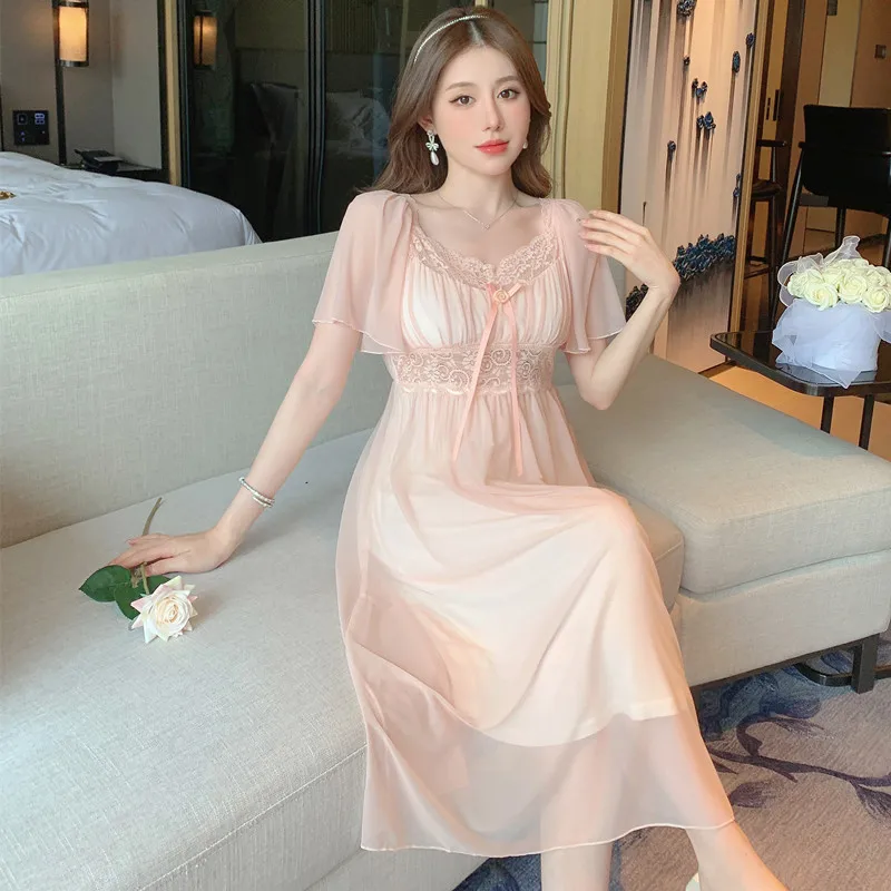 

V-Neck Lace Nightdress Sleepwear Fairy Princess Nightgown Nighty Gown Women Mesh Robe Sleepshirt Summer Court Style Home Dress