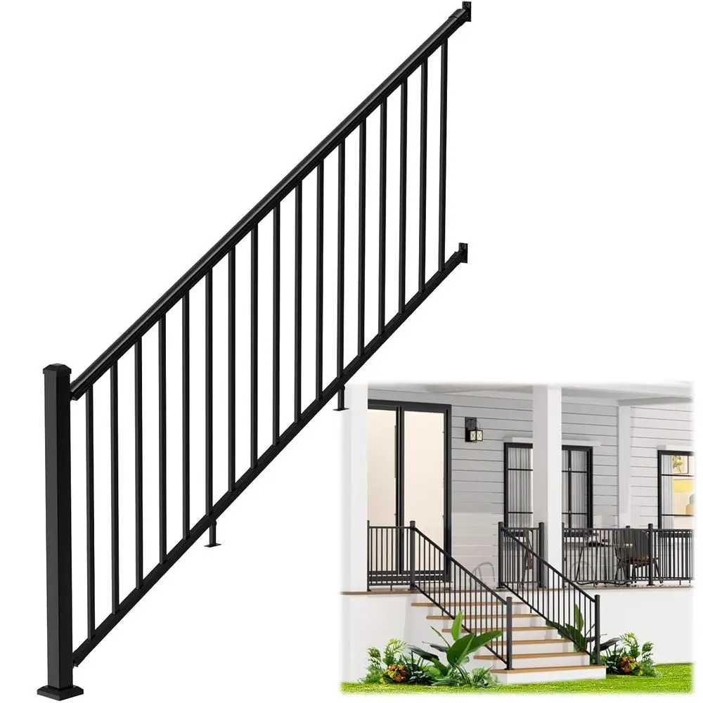 Aluminum Deck Railing Kit, 42 Height x 8' Width, Black Powder-Coated, for Concrete or Wooden Steps (1 Post, 1 Panel)