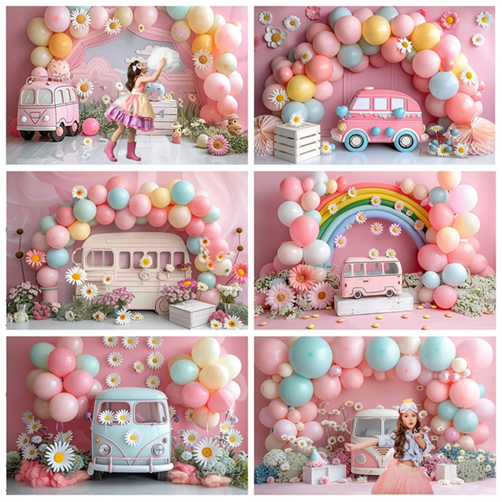 

Daisy Photography Background Girl Birthday Portrait Pink Bus Balloon Wall Backdrop Decor Newborn Cake Smash Garden Photo Studio