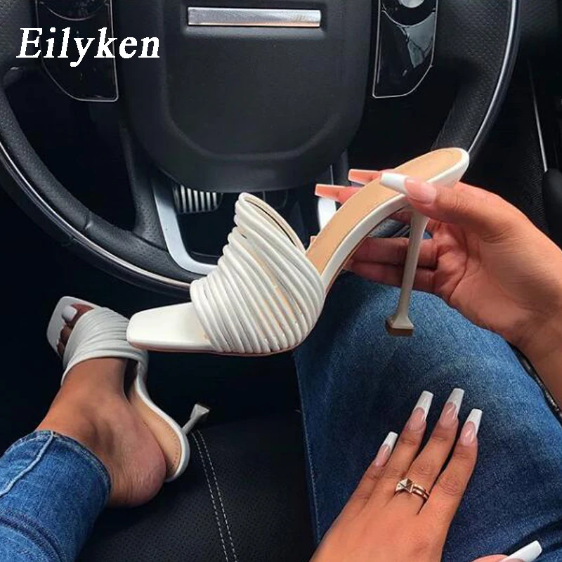 Eilyken Design Narrow Band Square Toe Womens Slipper Sandals Summer Sexy High Heel Ladies Mules Slides Shoes Zapatos De Mujer