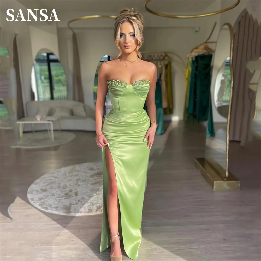 Sansa Grass Green فساتين السهرة Strapless Mermaid Vestidos De Noche Elegant Sleeveless Sexy Side High Split Prom Dresses 2024