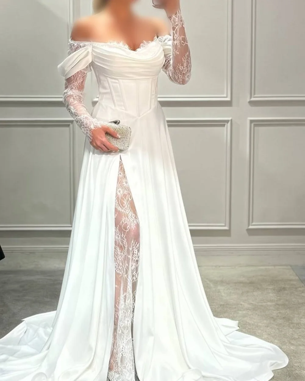 맞춤형 고급스러운 클래식 시폰 플리츠 드레이프 레이스 A라인 오프숄더 롱 드레스 맞춤형 행사 드레스 캐주얼 섹시