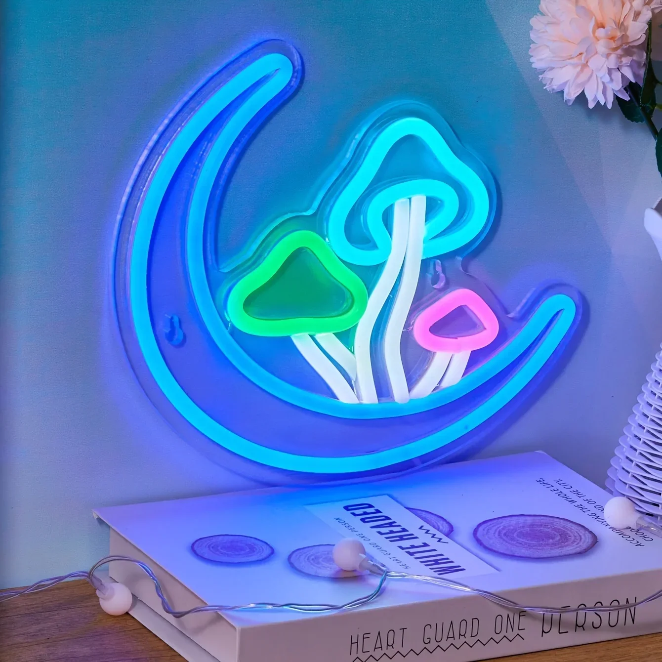 Mushroom Moon Neon Sign Led Neon Signs for Wall Decor Blue Light Up Sign Preppy Girls Room Decor USB Powered