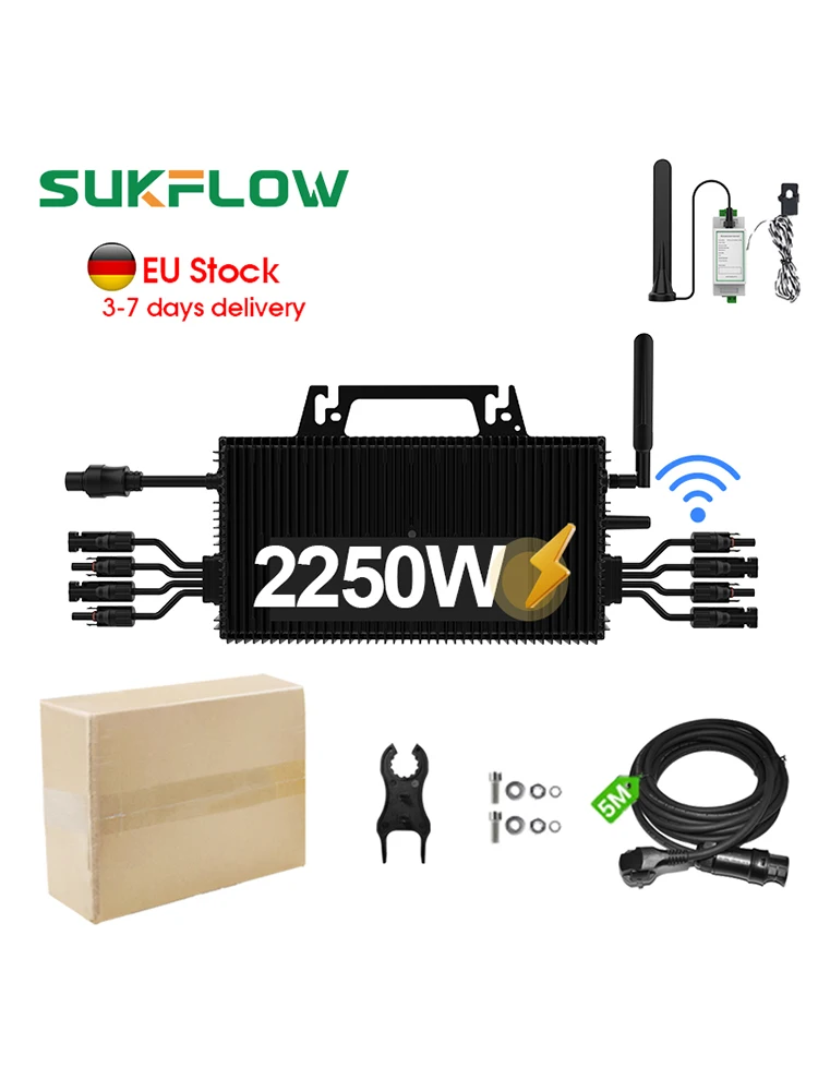 2250W Solar-Mikrowechselrichter mit 4 MPPT-Kanälen, Anti-Rückflussfunktion, On-Grid, Null-Export, IP67, WLAN, Bluetooth für EU-Standard-Balkon-PV-Systeme